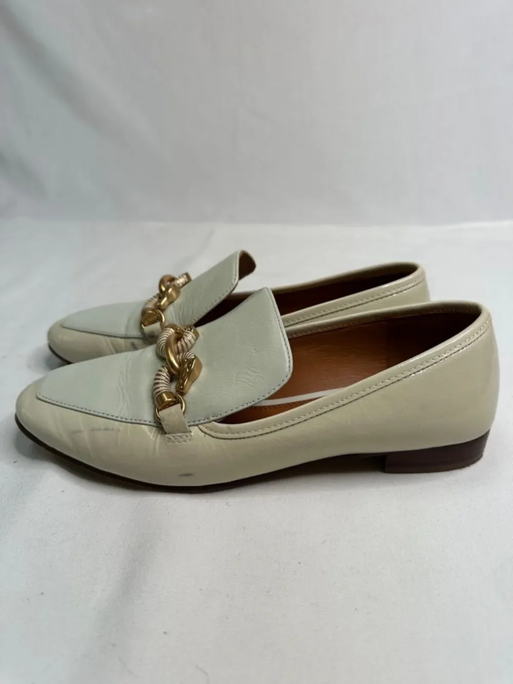 Tory Burch Cream Leather Loafers with Gold Chain Link